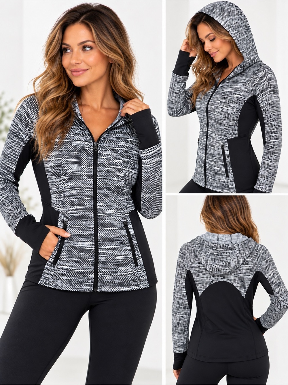 Marmot Women’s Zip-Up Hooded Jacket Gray Black Lightweight Activewear
